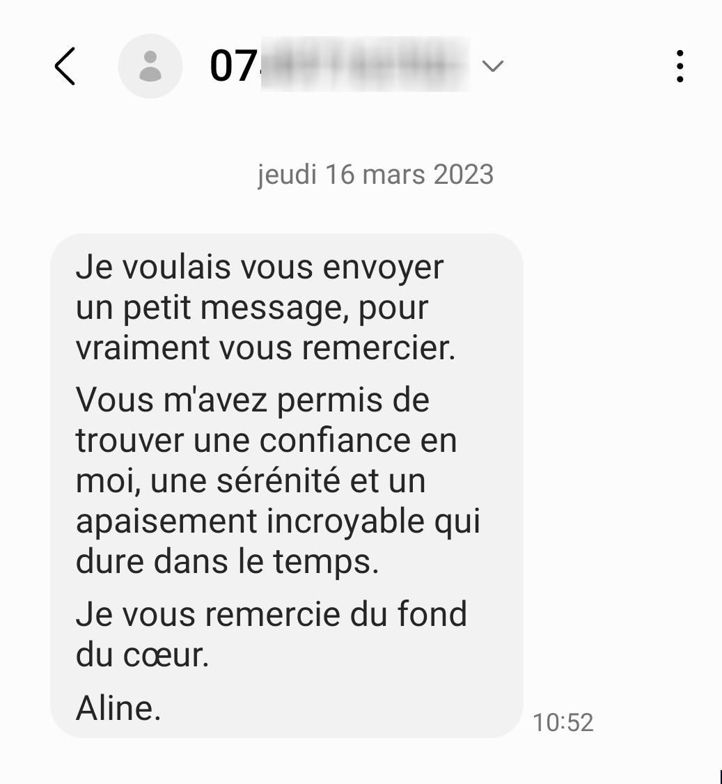 Aline k temoignage hypnose confiance serenite apaisement dependance sms floute 032023