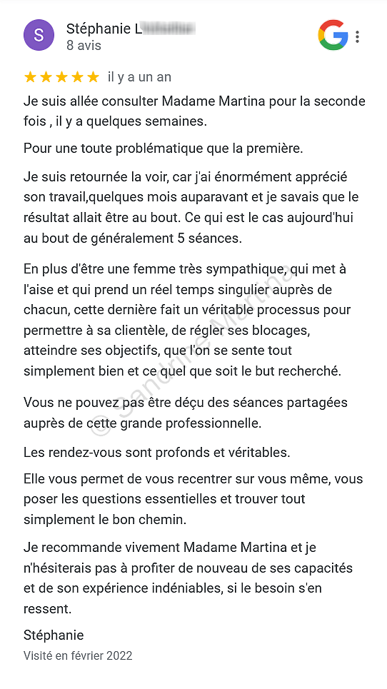 Avis google hypnose guingamp sandrine martina hypnotherapeute fevrier 2022