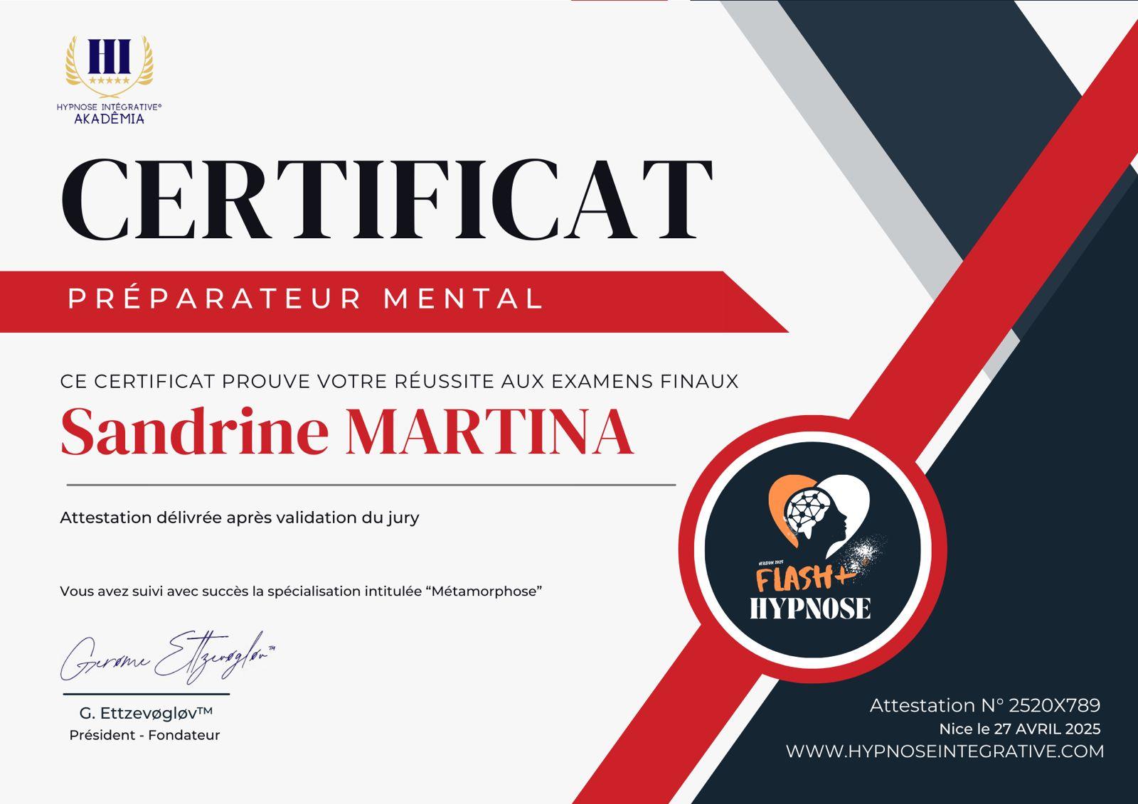 Certificat preparateur mental metamorphose de sandrine martina